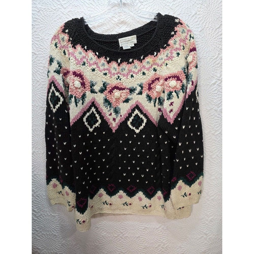 Jennifer Reed Sweater Women Medium Black Vintage Hand Knit Popcorn Floral Good